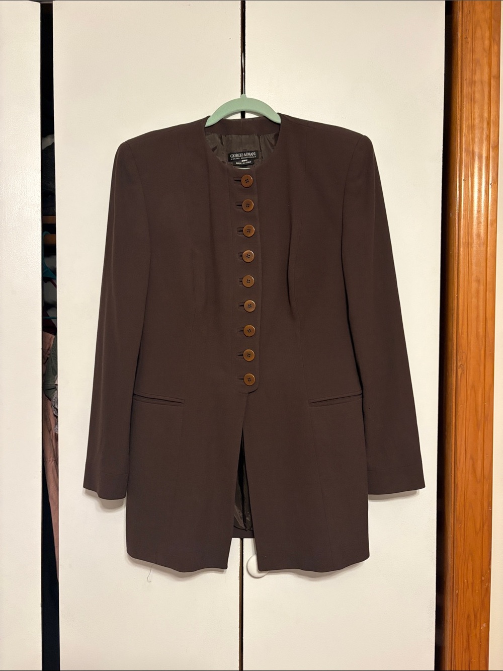 Vintage GIORGIO ARMANI Black Label Collarless Blazer Jacket Taupe Brown 90s M